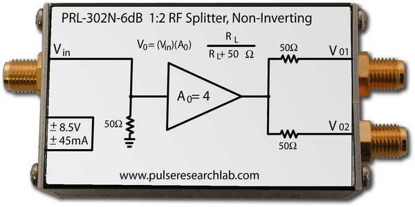 PRL-302N-6dB-OEM, 1:2 RF Splitter, +6 dB, Non-Inverting, SMA I/Os, No Power Supply