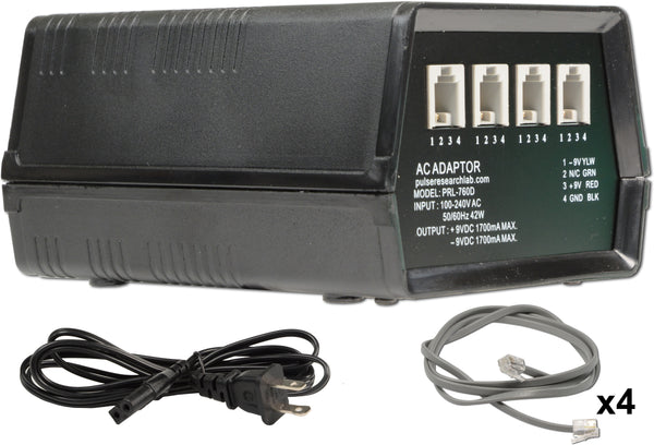 PRL-760D-120/220, ±9.0 V/1.8 A, Auto-Switching AC adapter w/AC power cord, 4 modular jacks and 4 cables